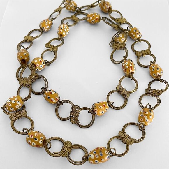 African Trade Bead Krobo Bead Decorative Brass Chain Necklace - Picture 2 of 4